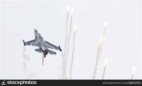 LEEUWARDEN, THE NETHERLANDS-JUNE 10, 2016: Belgium - Air Force General Dynamics F-16 AM at the Dutch Airshow on June 10, 2016 at Leeuwarden Airfield, The Netherlands.