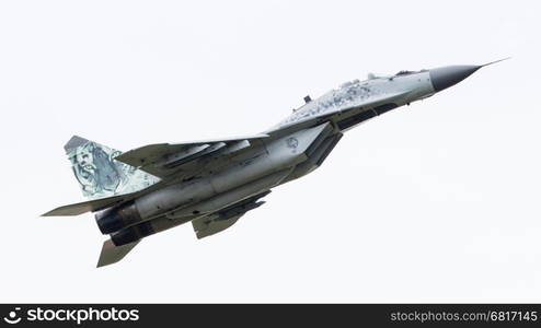 LEEUWARDEN, THE NETHERLANDS - JUNE 10, 2016: Slovak Air Force MiG-29 Fulcrum during a demonstration at the Royal Netherlands Air Force Days