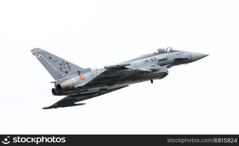 LEEUWARDEN, THE NETHERLANDS - JUNE 10: Spanish Air Force Eurofighter Typhoon flying during the Dutch Air Force Open House. June 10, 2016 in Leeuwarden, The Netherlands