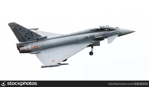 LEEUWARDEN, THE NETHERLANDS - JUNE 10: Spanish Air Force Eurofighter Typhoon flying during the Dutch Air Force Open House. June 10, 2016 in Leeuwarden, The Netherlands