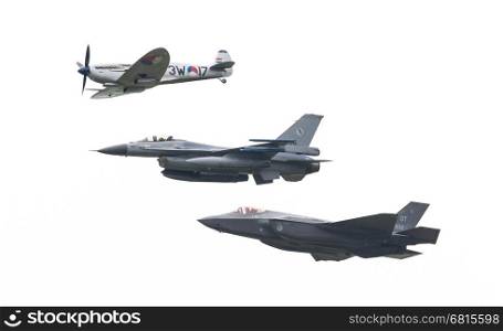 LEEUWARDEN, THE NETHERLANDS - JUNE 11, 2016: F-35 Lightning II, F-16 and Spitfire flyby at the Royal Netherlands Air Force Days