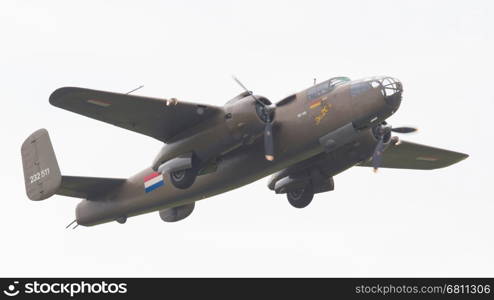 LEEUWARDEN, THE NETHERLANDS - JUNE 11: WW2 B-25 Mitchell bomber in Dutch markings during the Dutch Air Force Open House. June 11, 2016 in Leeuwarden, The Netherlands