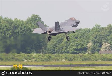 LEEUWARDEN, THE NETHERLANDS -MAY 26: F-35 fighter during it's first test in Europe on May 26, 2016 in Leeuwarden. It is the world's most advanced multi-role fighter.