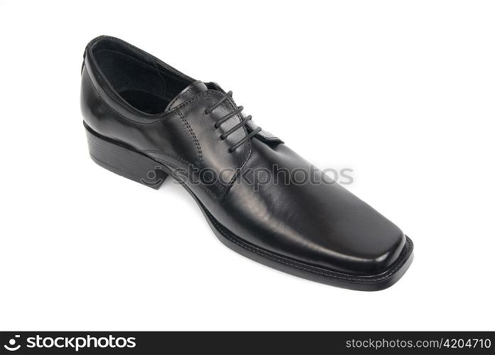 Left man&acute;s black shoe isolated on white background