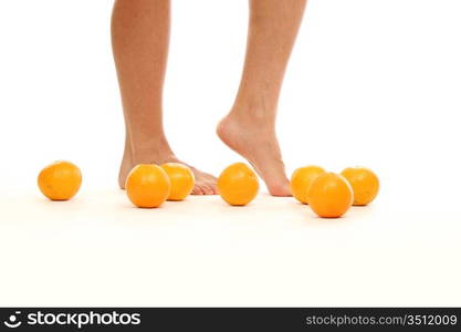 leg and oranges isolated white background