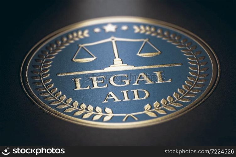 Legal aid written with golden letters over blue and black background. Law concept. 3D illustration.. Legal aid symbol.
