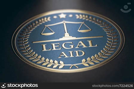 Legal aid written with golden letters over blue and black background. Law concept. 3D illustration.. Legal aid symbol.