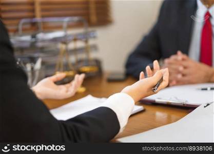Legal and justice concept, Young female lawyer explains and consulting contract with senior lawyer.