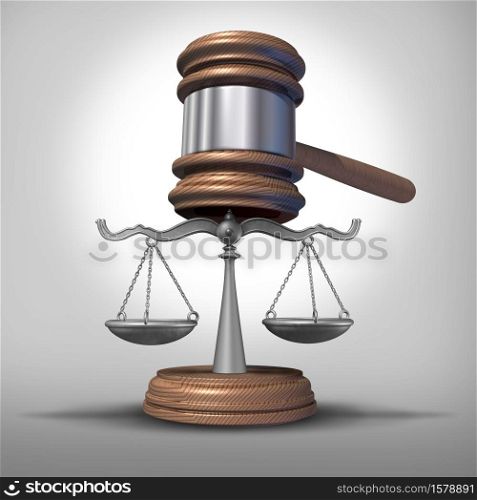 Legal concept with law scales of justice with as a legal or legality symbol of a judge gavel and verdict with 3D illustration elements.