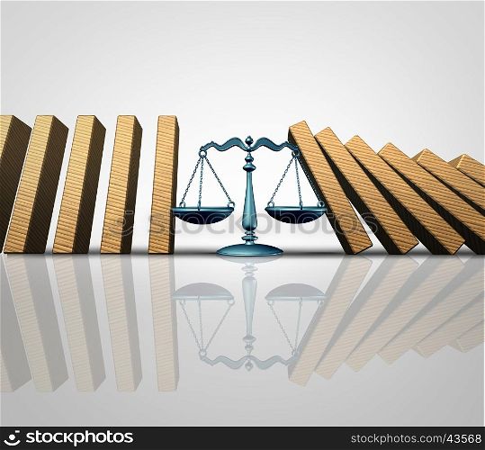 Legal help and lawyer services concept as a group of falling domino pieces being supported by a justice scale as a law aid and solving problems metaphor as a 3D illustration.