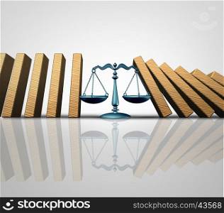 Legal help and lawyer services concept as a group of falling domino pieces being supported by a justice scale as a law aid and solving problems metaphor as a 3D illustration.