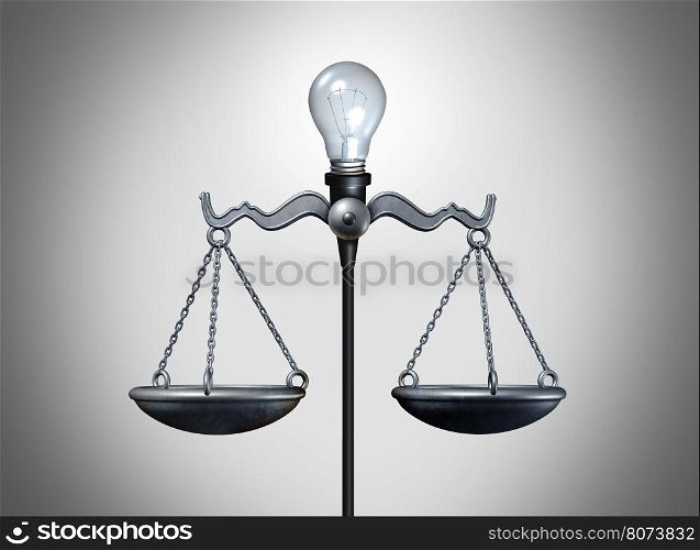 Legal idea and smart intelligent law strategy concept as an illuminated lightbulb balancing a justice scale as a bright lawyer or attorney icon for legislation or verdict success as a 3D illustration.