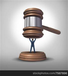 Legal protection and law advice concept as an attorney blocking a gavel or judge mallet from completing a verdict or getting a pardon as a symbol for lawyer services to protect a defendant or victim or legislator fighting for citizen rights.