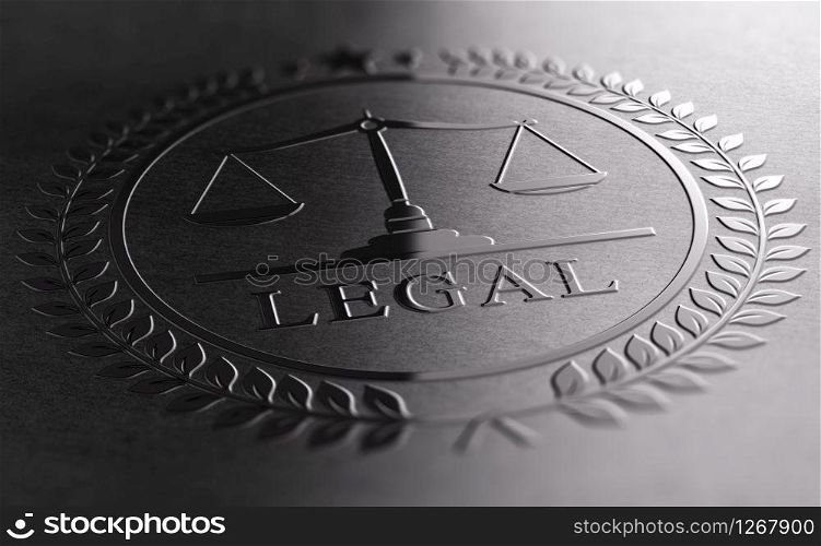 Legal sign design with scales of justice symbol printed on black background. 3D illustration. Legal Sign Design With Scales Of Justice Symbol.