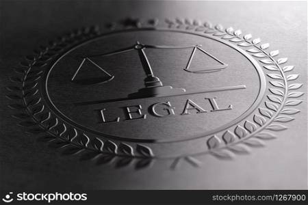 Legal sign design with scales of justice symbol printed on black background. 3D illustration. Legal Sign Design With Scales Of Justice Symbol.