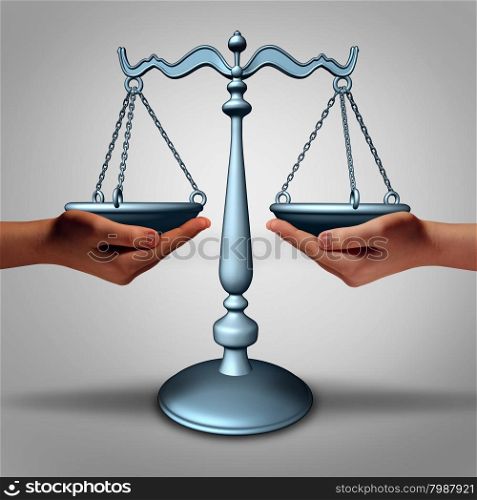 Legal support and lawyer advice concept as two hands holding a justice scale as a metaphor and law symbol for court services and contract advice.