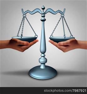 Legal support and lawyer advice concept as two hands holding a justice scale as a metaphor and law symbol for court services and contract advice.