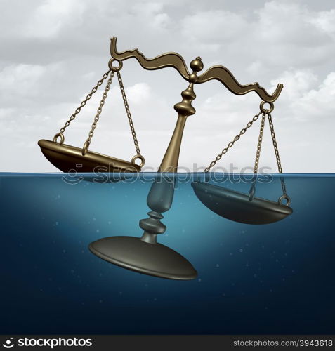 Legal trouble concept or justice problems symbol as a scale of justice drowning in water as a metaphor for law or regulation problems.