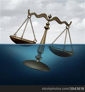Legal trouble concept or justice problems symbol as a scale of justice drowning in water as a metaphor for law or regulation problems.