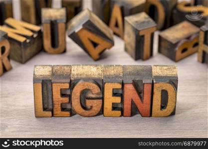 legend word abstract in vintage letterpress wood type printing blocks stained by color inks