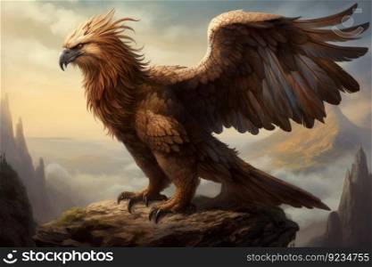 Legendary griffon at sunset. Medieval eagle. Generate Ai. Legendary griffon at sunset. Generate Ai