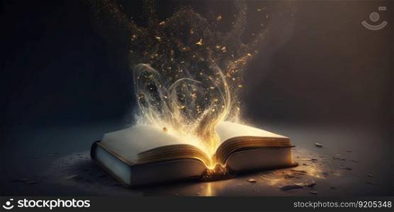 Legendary magic book or bible opening with fairy flying particles. distinct generative AI image.. Legendary magic book or bible opening with fairy flying particles