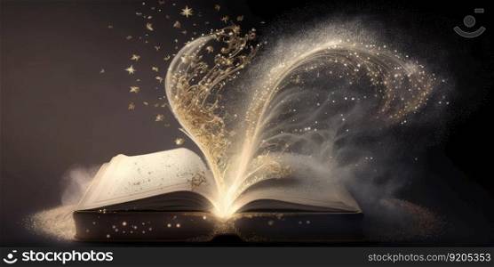 Legendary magic book or bible opening with fairy flying particles. distinct generative AI image.. Legendary magic book or bible opening with fairy flying particles