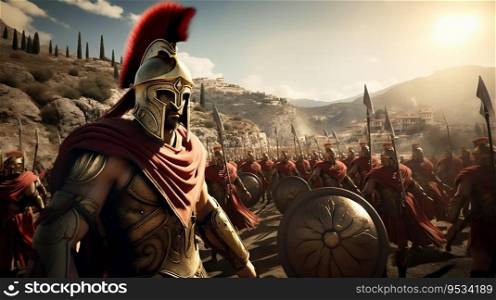 Legion of Spartan Warriors in Battle. Generative ai. High quality illustration. Legion of Spartan Warriors in Battle. Generative ai