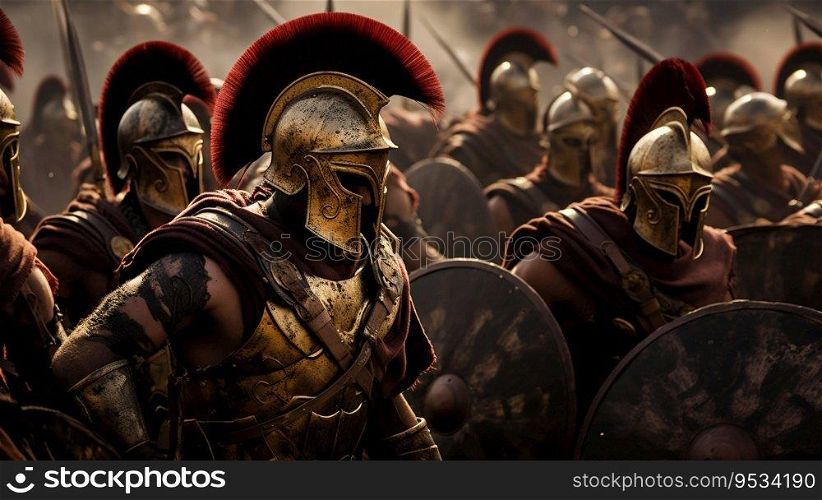 Legion of Spartan Warriors in Battle. Generative ai. High quality illustration. Legion of Spartan Warriors in Battle. Generative ai