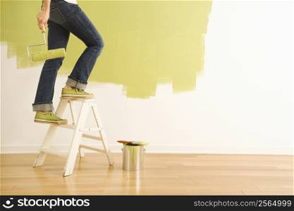 Legs of woman climbing stepladder holding paint roller.