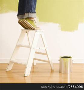 Legs of woman standing on tiptoe on stepladder with paint can and painted wall.