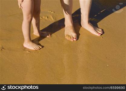 legs on the beach, mother and child at the wet sand