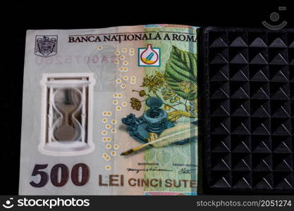 LEI romanian money banknotes in black wallet isolated