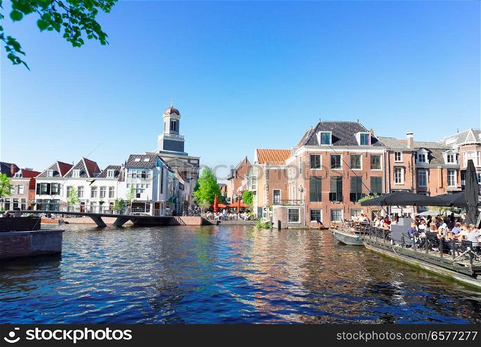 Leiden old town with canals in Netherlands. Leiden canals in Netherlands