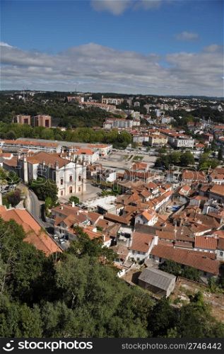 Leiria Se cathedral (from the XVI century) and cityscape view of Leiria, Portugal (blue sky)