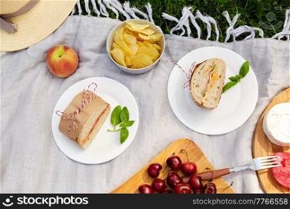 leisure and eating concept - close up of food or snacks on picnic blanket in summer garden. close up of food or snacks on picnic at garden
