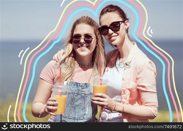 leisure and friendship concept - happy smiling teenage girls or best friends in sunglasses with smoothie drinks at seaside in summer with glowing lines. teenage girls or friends with drinks in summer
