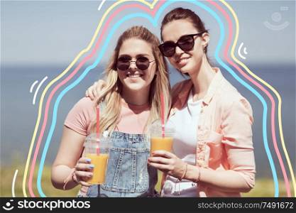 leisure and friendship concept - happy smiling teenage girls or best friends in sunglasses with smoothie drinks at seaside in summer with glowing lines. teenage girls or friends with drinks in summer