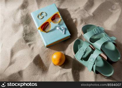 leisure and summer holidays concept - slippers, orange, earbuds, book and sunglasses on beach sand. slippers, orange, earbuds and sunglasses on beach