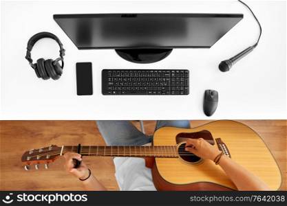 leisure, music and people concept - young man or musician with computer playing guitar sitting at table. young man with computer playing guitar at table