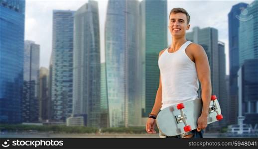 leisure, summer, sport, holidays and people concept - smiling teenage boy with skateboard over singapore city background