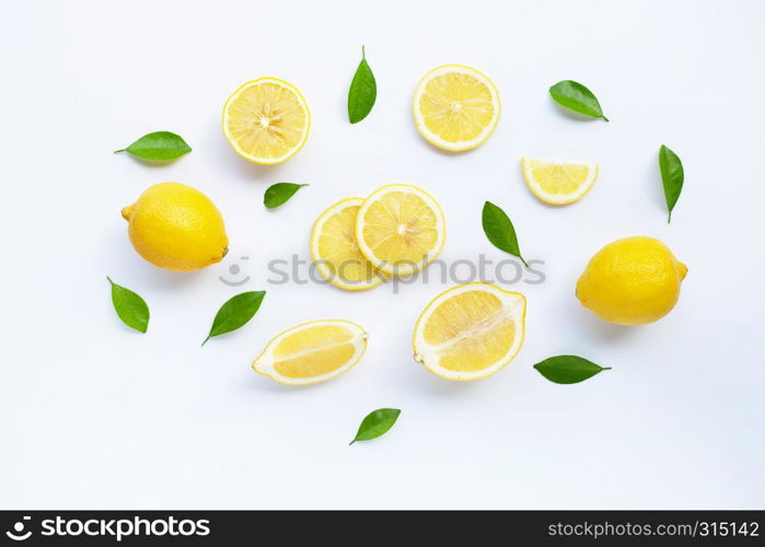 lemon and slices with leaves isolated on white background.