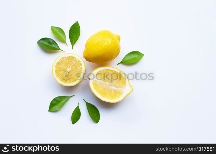 lemon and slices with leaves isolated on white background.