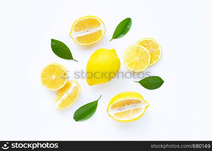 lemon and slices with leaves isolated on white background.