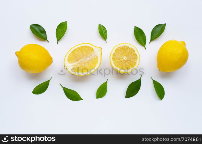 lemon and slices with leaves isolated on white background.