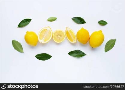 lemon and slices with leaves isolated on white background.