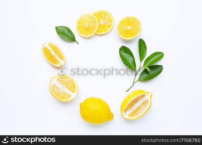 lemon and slices with leaves isolated on white background.