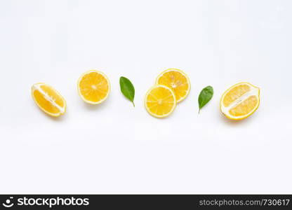 lemon and slices with leaves isolated on white background.