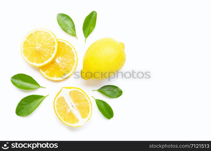 Lemon and slices with leaves isolated on white background. Copy space