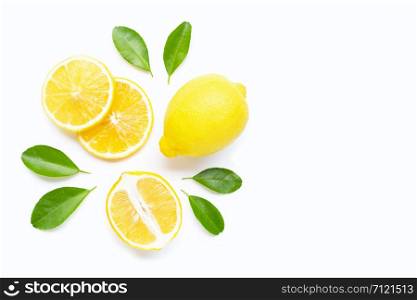 Lemon and slices with leaves isolated on white background. Copy space